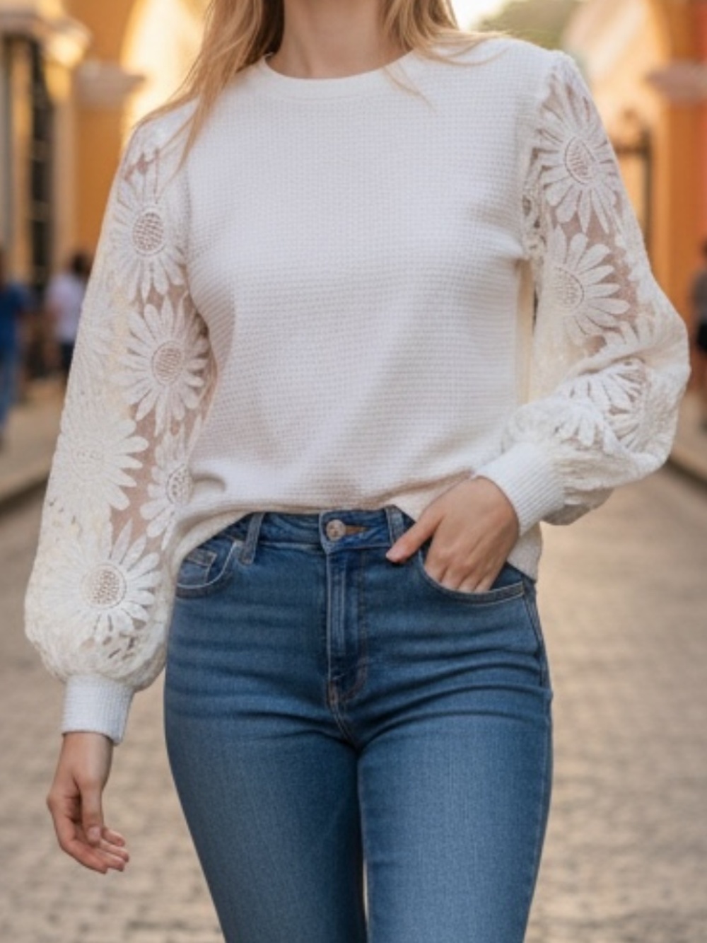 Women's Waffle Top with Lace Sleeves